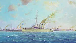 HMAS Sydney leaving Sydney in escort of convoy 1914 - NSW Artist Stan Stefaniak ASMA