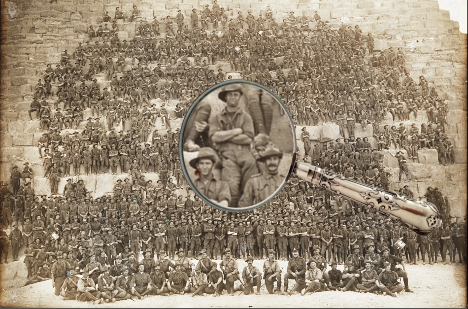 11th Battalion A.I.F. at Khufu (Cheops) Pyramid, Giza, Egypt – 10 January 1915 (Click to enlarge)