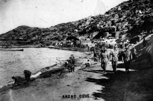 Lt. George Henderson-Smith walking on Anzac Cove with fellow officers, May 1915 - Courtesy Julie Martin