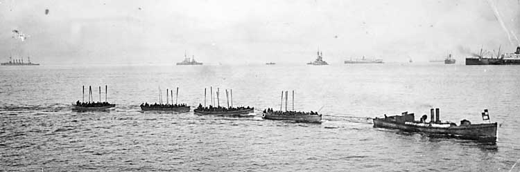 Gallipoli landing boats being towed - 25 April 1915