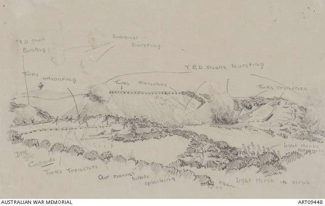  Australians and Turks advancing during an attack at Gallipoli - Sketch by Dudley Elliott (Per AWM ART09448)